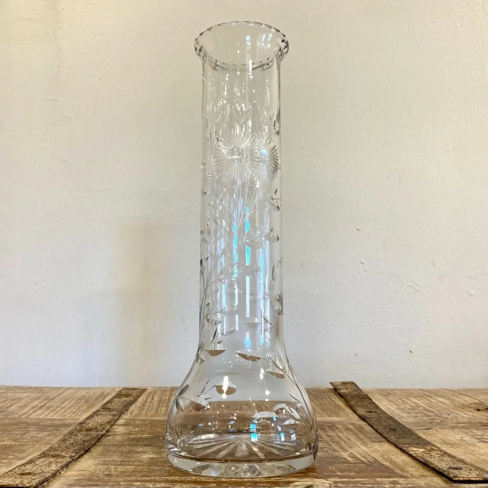 Vintage Etched Glass Vase with Floral Design Starburst Base Cottagecore Decor